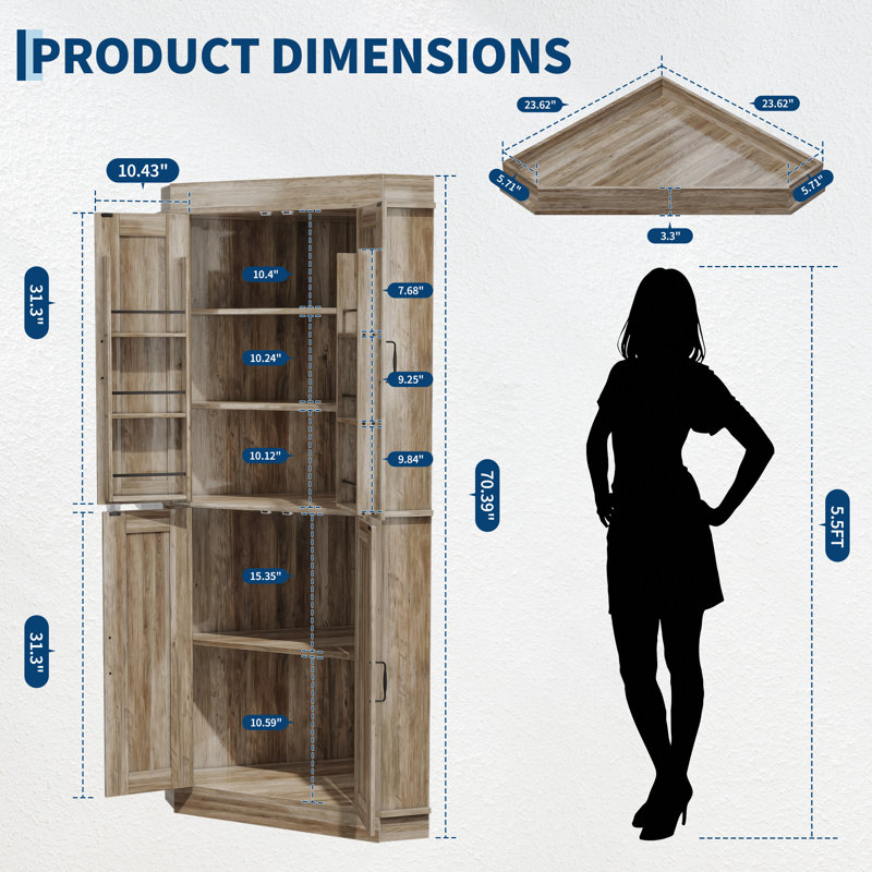 Armoire de bar de style campagnard de 71 po de hauteur, garde-manger de coin robuste avec 4 portes et tablettes, garde-manger autoportant en forme de L avec support latéral pour salle à manger