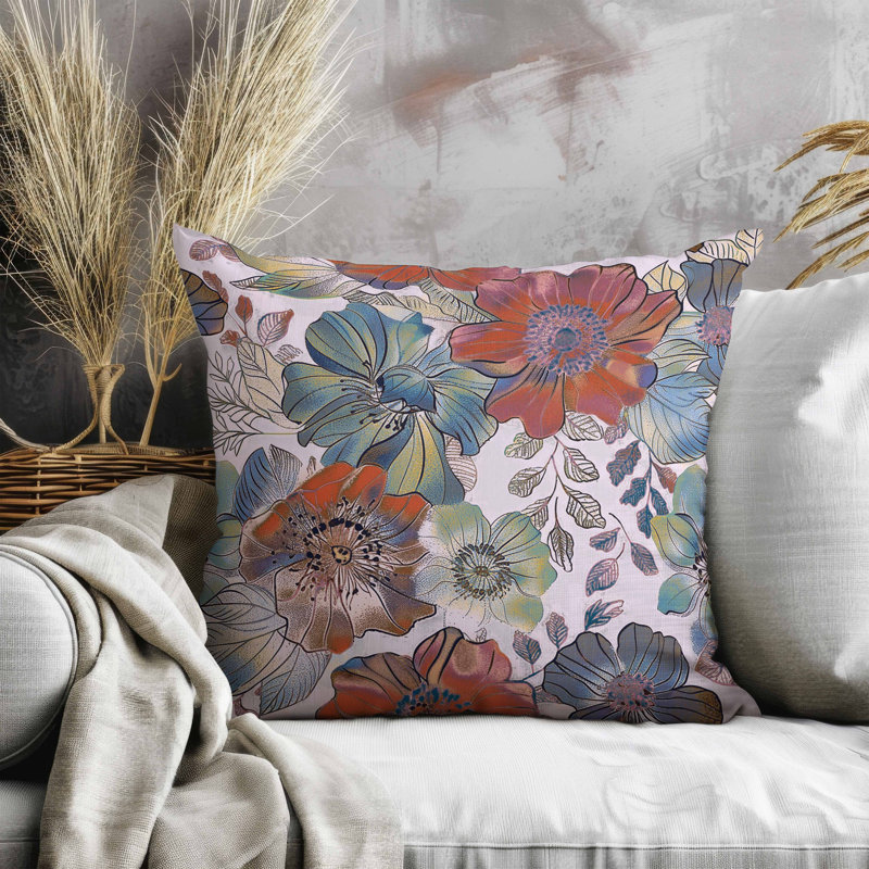 Coussin Painted Petalscape, Carré 20 po, Bleu / rouge / mauve