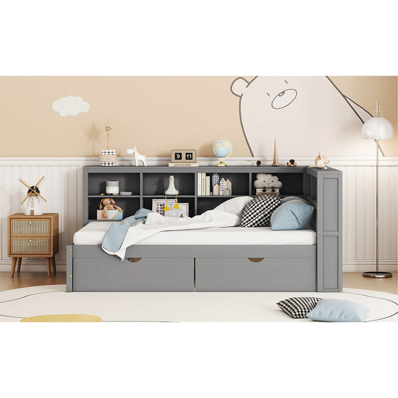 Lit de jour simple avec palette de couleur grise, 2 tiroirs, compartiment de rangement et de charge en bois, tiroirs, Gris