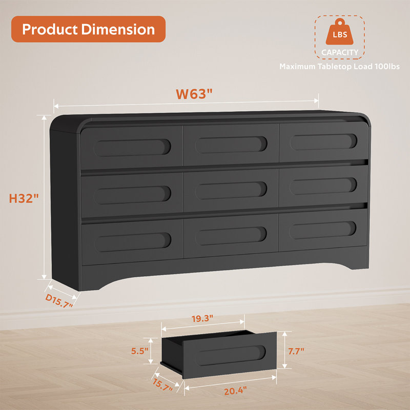  Wooden 9-Drawer Dresser For Bedroom, 63"W Dressers & Chest Of Drawers With Curved Profile Design, Black, Black