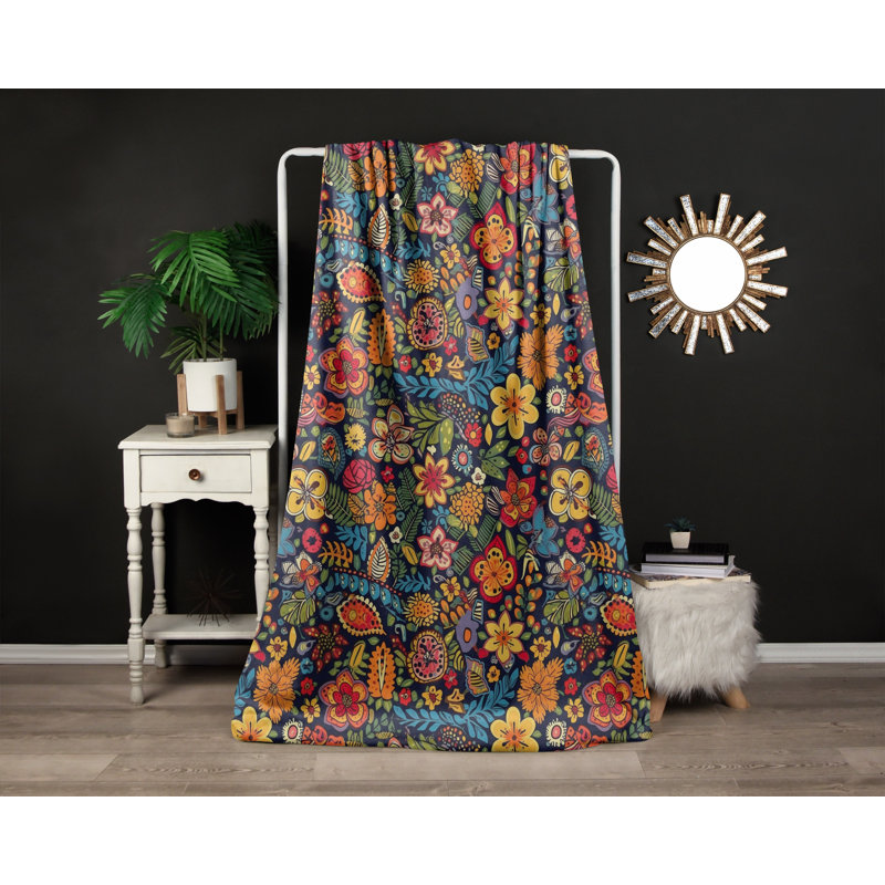 Throw Blanket, 68" W x 80" L, Floral/Abstract, Orange/Blue/Red