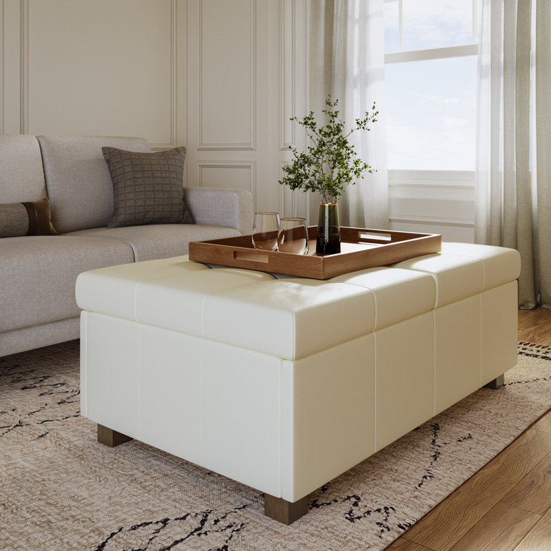 Brayce 47'' Wide Faux Leather Ottoman, Cream Faux Leather