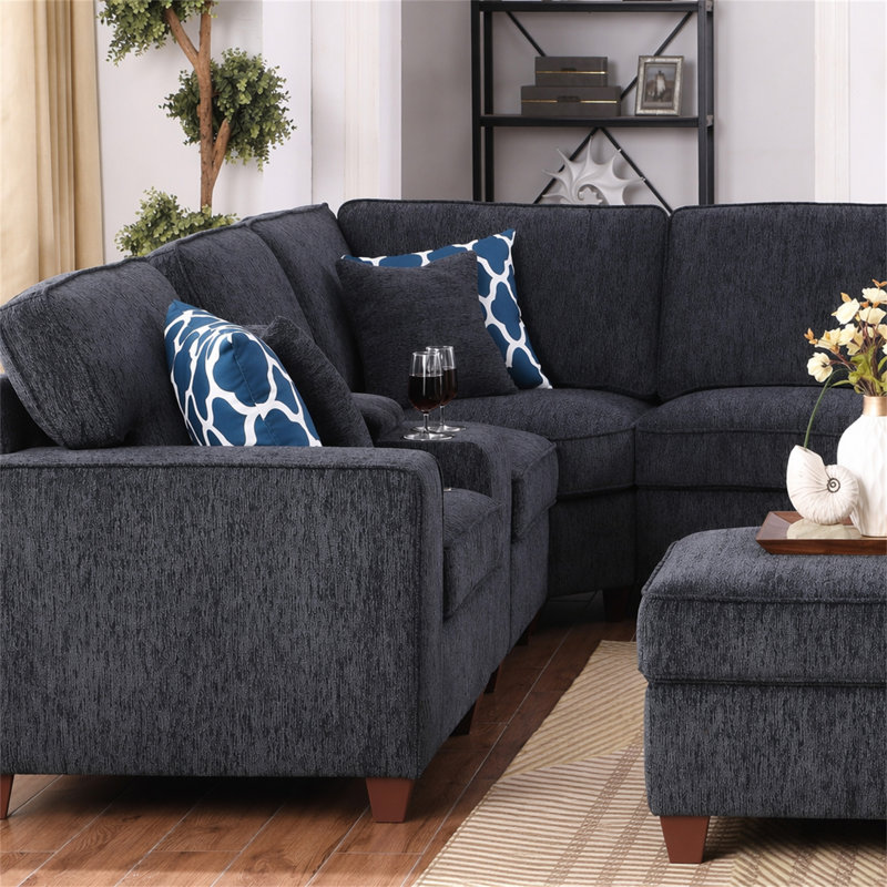 Canapé modulaire avec repose-pieds, Chenille noir, H 35 po x l 162,25 po x P 99,25 po
