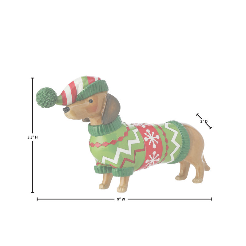 5.5" Festive Resin Dachshund in Green Sweater