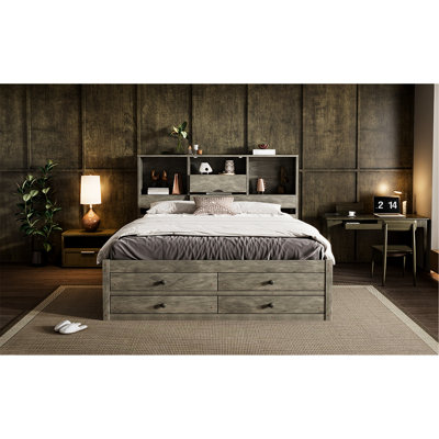 Structure de lit grand gris avec tête de lit à rangement et 8 tiroirs, plateforme en bois massif, sans sommier, approche innovante de la chambre à coucher