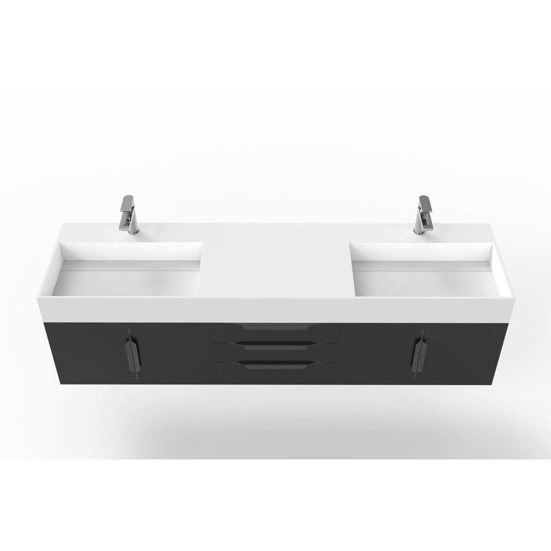 Ensemble de meuble-lavabo mural simple l 72 po Clelie, Blanc, Blanc, Noir