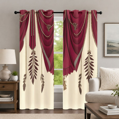 2Pcs Burgundy and Cream Curtains, European Style Curtain, Elegant Feather Chain Print Grommet Drapes, Window Treatment for Bedroom Living Room Decor