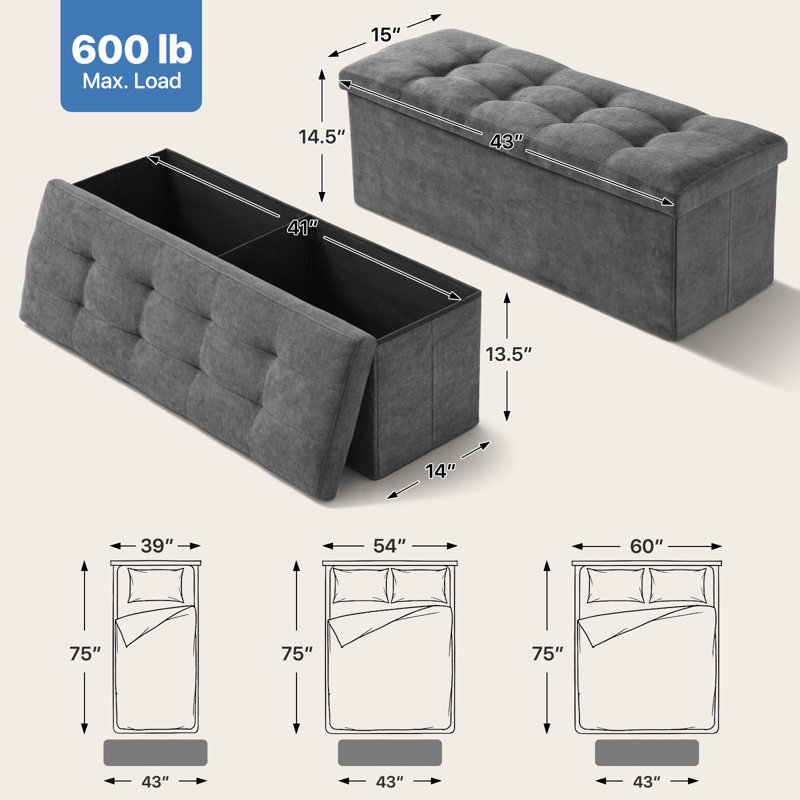 Upholstered Folding Storage Ottoman Bench, Button Tufted Ottoman Foot Rest, End of Bed Bench, Dark Gray