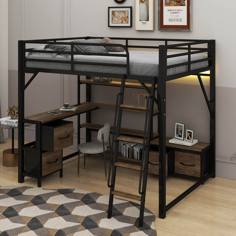 Full Size Loft Bed With Desk And Light, Metal Loft Bed With Storage Shelves, Wardrobe And Drawers, Full