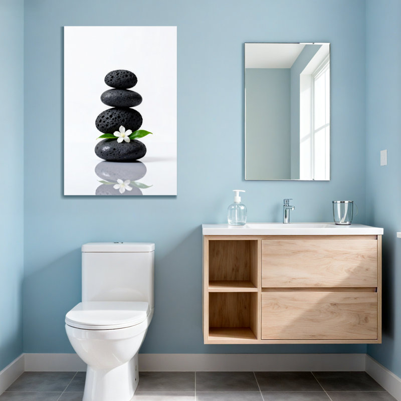 Bain et lessive pierres noires avec fleur blanche et feuille verte, H 24 po x l 16 po