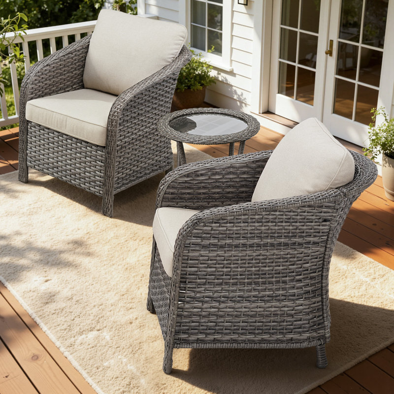 Arcola 3-Piece Outdoor Patio Wicker Enveloping Backrest Lounge Chairs With Side Table