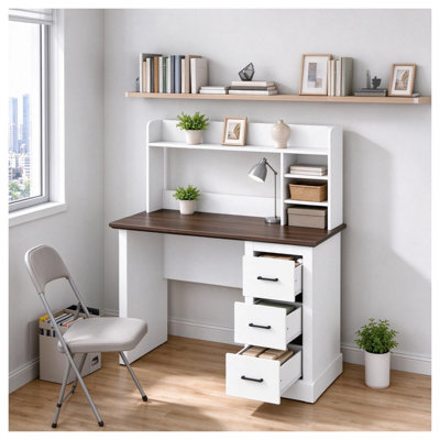 White and Oak Home Office Computer Desk with Hutch, 3 Drawers, and Storage Shelves