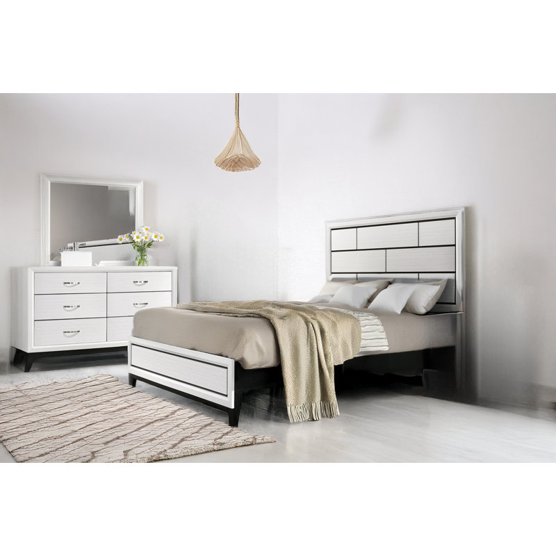 Ensemble de chambre à coucher avec lit plateforme Hanni, Grand, Blanc, 3 Pcs: Bed, Dresser, Mirror