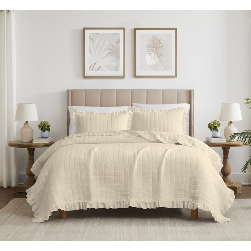 Ensemble de courtepointe en microfibre Belina, Courtepointe grande + 2 taies décoratives, Beige