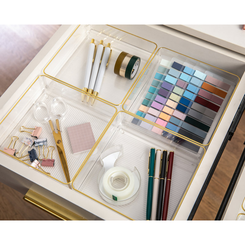 Martha Stewart Kerry Plastic Stackable Office Desk Drawer Organizers with Metallic Trim, 6" x 6"