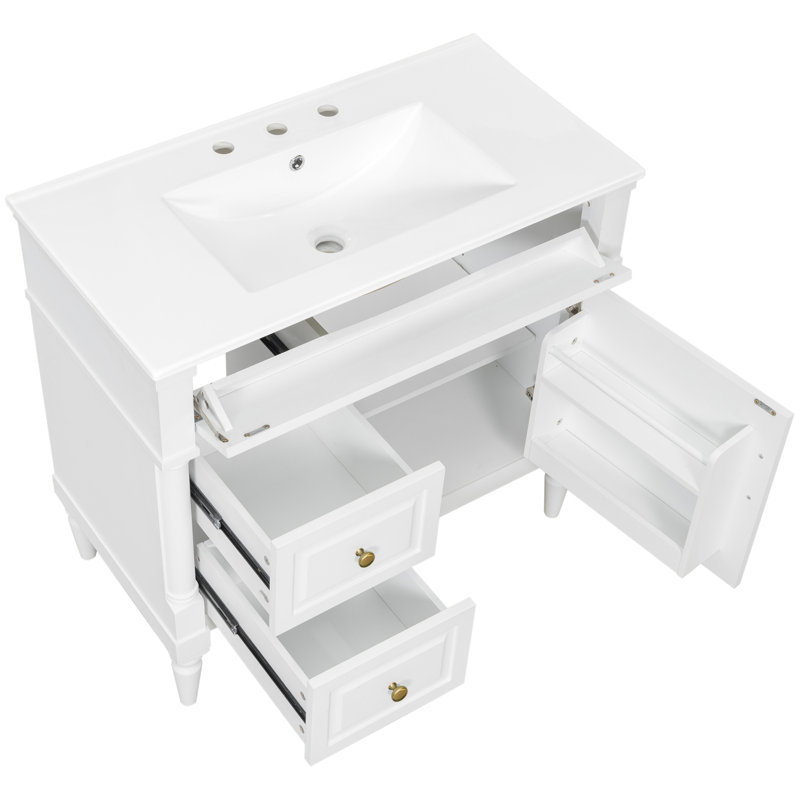 Meuble-lavabo de salle de bain avec lavabo en céramique, armoire de rangement fonctionnelle avec tiroir rabattable et tablette réglable