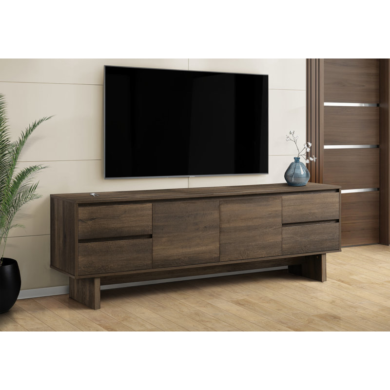 Meuble télé, console de 72 po, meuble multimédia, tiroirs de rangement, armoire de rangement, stratifié brun, transitionnel