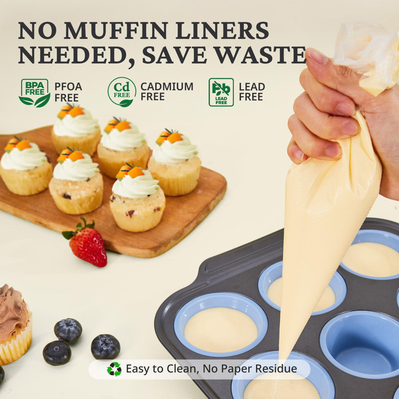 Moules à muffins en silicone pour la cuisson avec cadre en métal, moules à œufs, moules à petits gâteaux 12 tailles régulières, moules à muffins antiadhésifs faciles à faire sauter pour four
