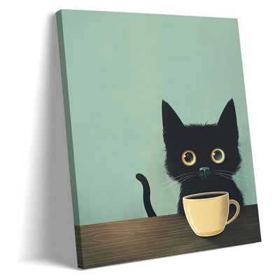 Art mural encadré amusant, chat noir, abstrait, image de café, mignon, chat noir rétro, impression sur toile, convenant au café bar, salon, restaurant, chambre à coucher, 16 x 24 pouces