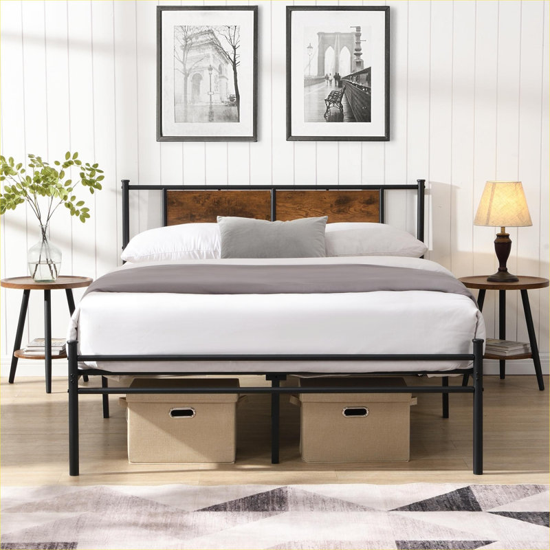 Deep black metal queen size bed frame with wood panel headboard, for residential bedroom use, compatible with all mattress types