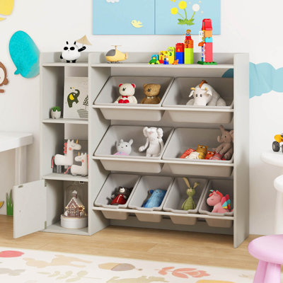 Kids Toy Storage and Bookshelf, Wooden Bookcase with 4 Small Boxes & 4 Large Boxes Gray