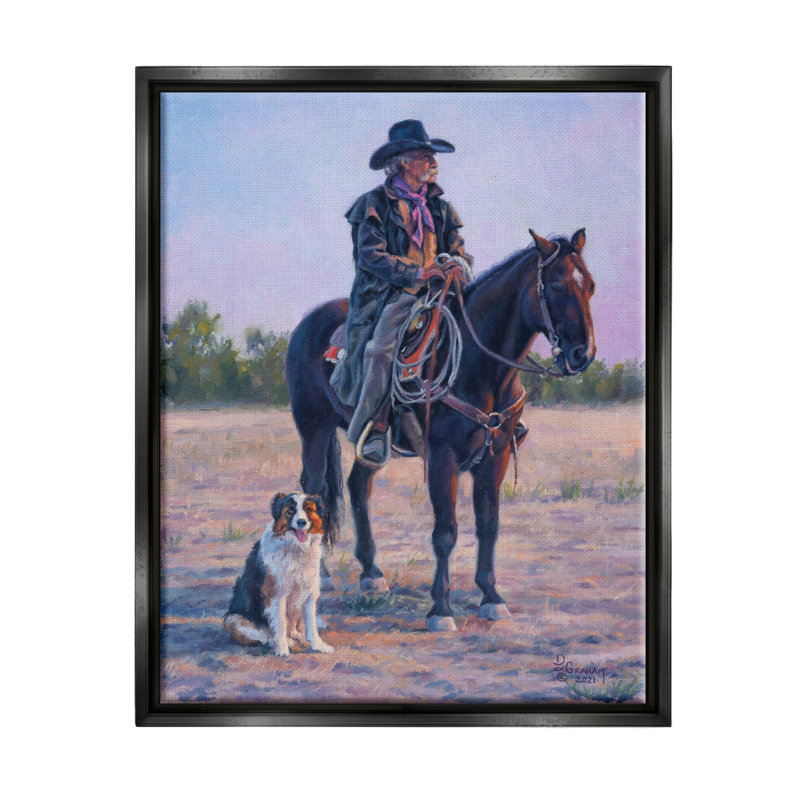 Cowboy dans un paysage champêtre encadré par David Graham, H 21 po x l 17 po x P 1,7 po, Cadre flottant noir de jais