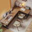 Bureau brun en bois massif en forme de L + fer-108066731-108066728