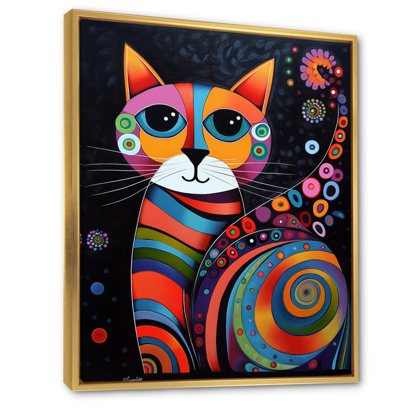 Portrait coloré d'un chat mignon - reproduction sur toile, H 32 po x l 24 po x P 1 po, Cadre flottant doré