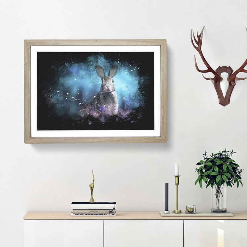 Curious Hare Paint Splash - Picture Frame Graphic Art, Oak Framed, 24cm H x 33cm W x 2cm D