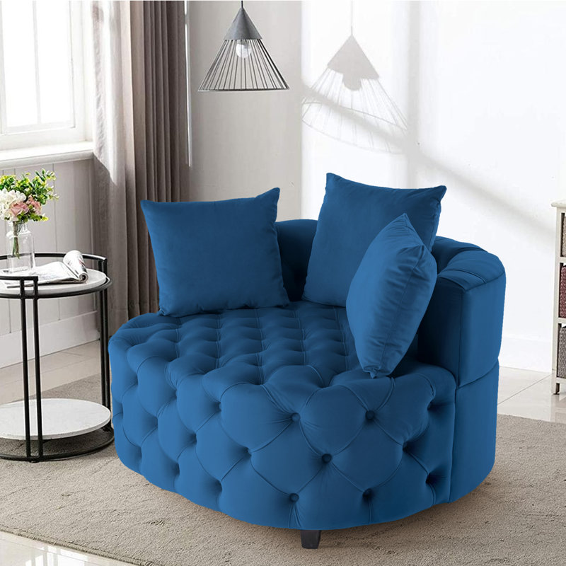 Fauteuil demi-tonneau en velours 36,6 po Keoka, Velours bleu