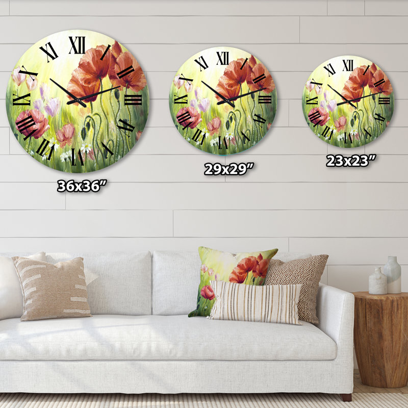 Blossoming Poppies In The Morning I - Horloge murale traditionnelle, Grand