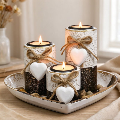 Set of 3 Farmhouse Wooden Candle Holders, Heart Tray & Stones, Fall Valentine Table Centerpiece