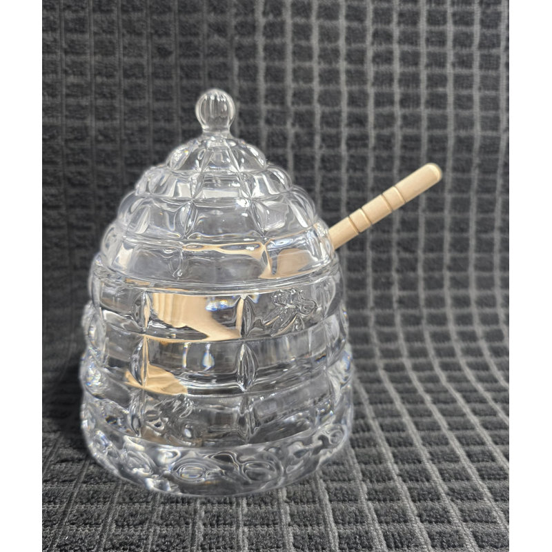 Glass Beehive Honey Jar with Wooden Honey Dipper – Heavy Quality Glass – Holds 1 3/4 Cups
