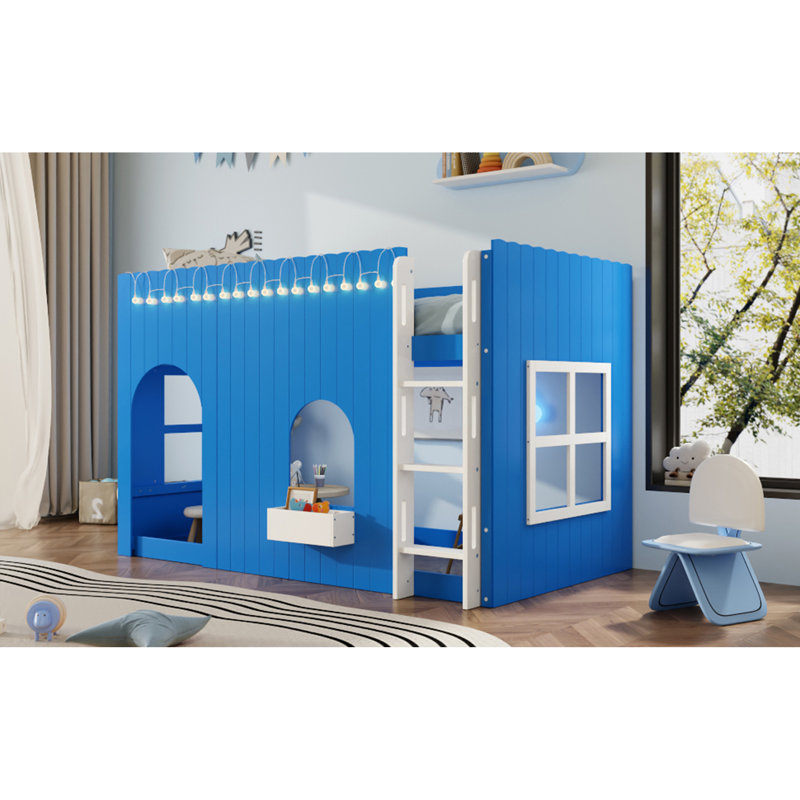 Lit mezzanine simple pour enfant avec guirlande lumineuse DEL, Lit simple, Bleu