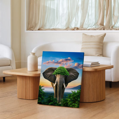 Canvas A Majestic Elephant S Head Emerges From A Vibrant Landscape Wall Art Seamlessly Blending Its Features With A Lush Green Tree Canvas Wall Art