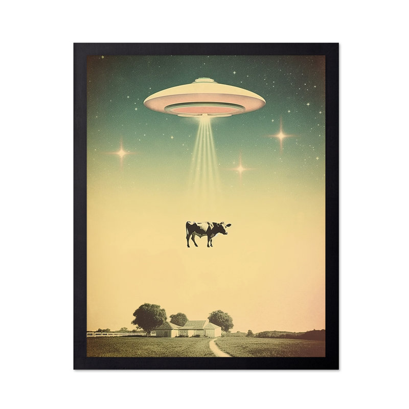 Enlèvement de vache UFO, 08"H x 10"W, Poster, Black Framed