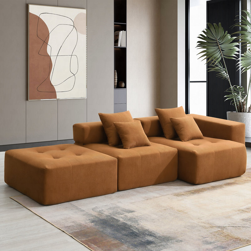 Canapé modulaire en forme de L 105,5 po Boneless, assise large et profonde, canapé minimaliste en velours côtelé infroissable, canapé-lit entièrement compressé pour le salon, combinaison gratuite de 3 ordinateurs, aucun assemblage requis