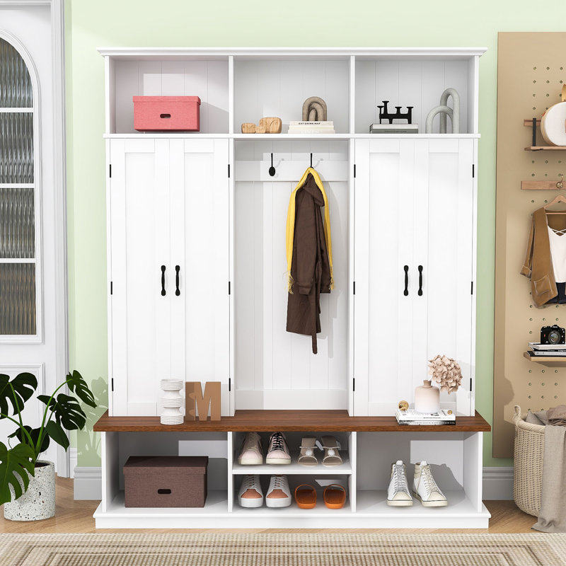 Hall Tree with Storage Bench, Hooks, Cubbies and Cabinets, White