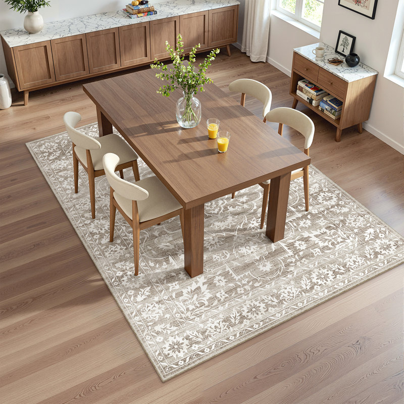Machine Washable Floral Non Slip Indoor Area Rug, Light Brown, Rectangle 60 x 120cm
