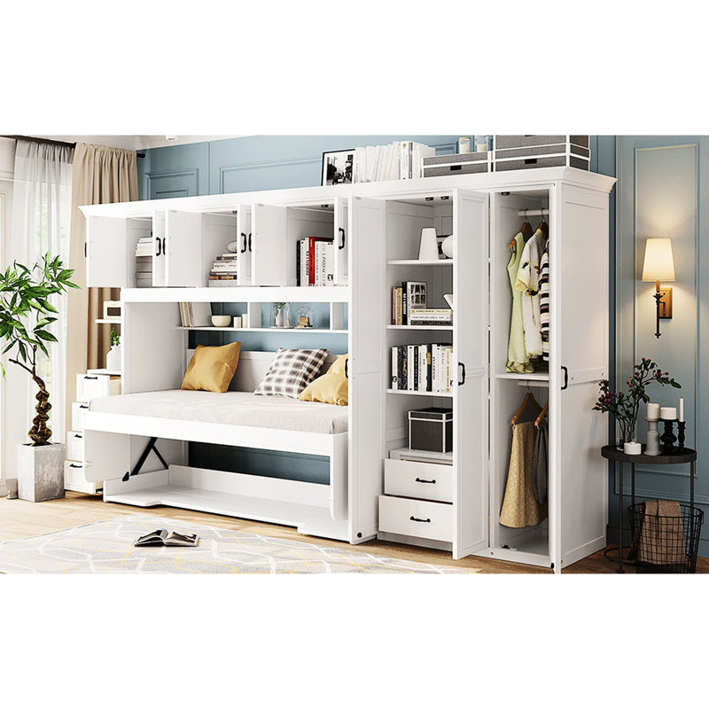 Lit simple mural blanc avec bureau et espaces de rangement ouverts - Conception compacte pour les petits espaces, White