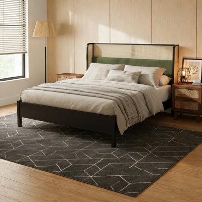 Upholstered Velvet Bed Frame with Wingback Headboard and Footboard, Rattan Platform Bed with High Clearance and Underbed Storage, Weight Capacity 800 lbs, No Box Spring Needed, Black+Green, Queen