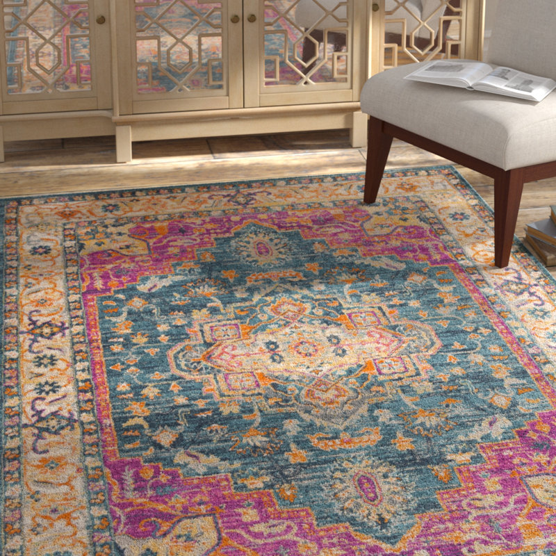 Tapis oriental bleu / rose Felty, Rectangle 5 pi 1 po x 7 pi 6 po