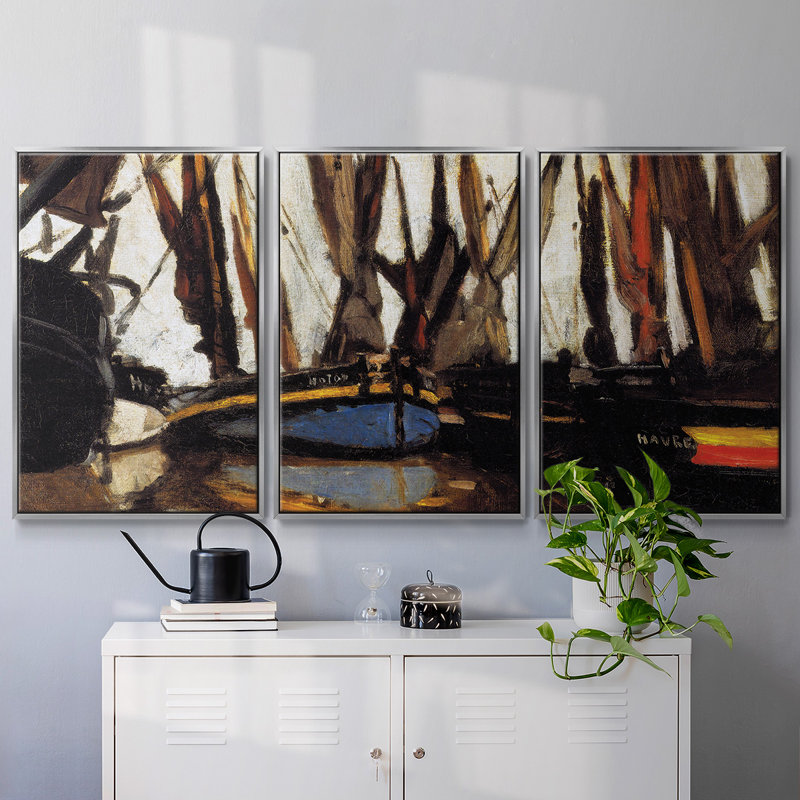 Ensemble de 3 bateaux de pêche (étude), 1866, encadré sur toile, Encadrement argenté, H 36 po x l 75 po x P 2 po