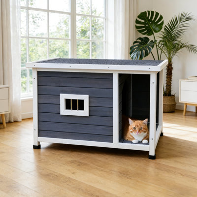 Abri pour chat gris en bois massif, toit imperméable, fenêtres ventilées, support en métal, 23,71 po de largeur, 23,53 lb, poids 34,17 po, profondeur 22,36 po