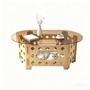 Table basse ovale ajourée en bois ajouré avec plateau en verre trempé fumé, base ouverte adaptée aux animaux de compagnie permettant aux chats et aux petits chiens de passer librement, table de cocktail rétro emboîtable pour le salon
