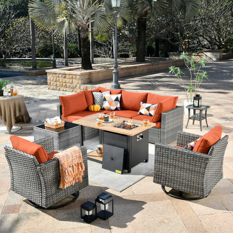 Paleosofos Wicker 6 - Person Patio Conversation Set with Cushions, Orange