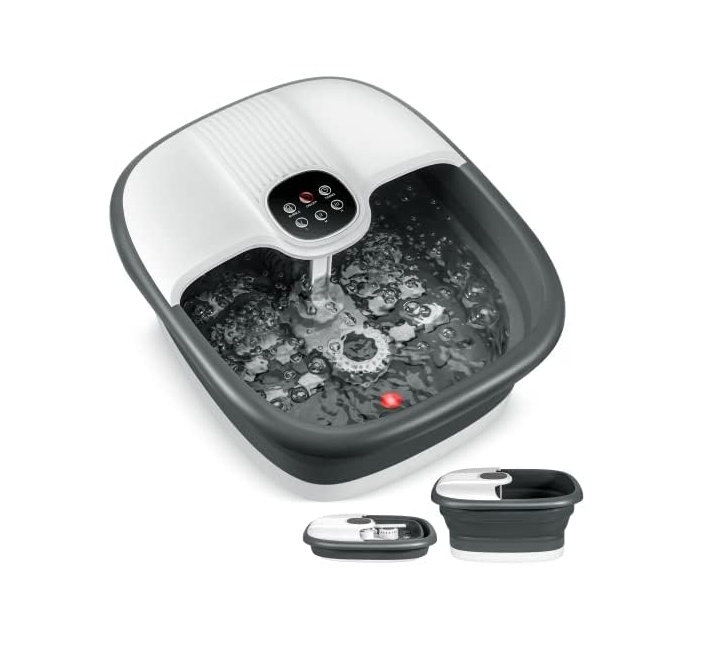Spa pliant pour les pieds avec télécommande, masseur à bulles à température réglable avec rouleaux et diffuseur d'herbes, blanc et gris
