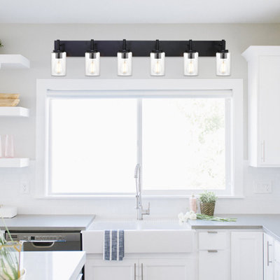 6-Light Dimmable Black Vanity Light With Seeded Glass Shade.