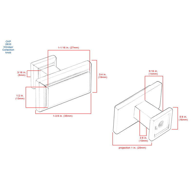 Poignée rectangulaire de 1,3 po de longueur, Nickel brossé