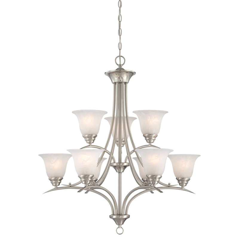 Whetsel 9-Light Indoor Brushed Nickel Classic/Traditional Tiered Chandelier with Alabaster Glass Bell Shades, Brushed Nickel